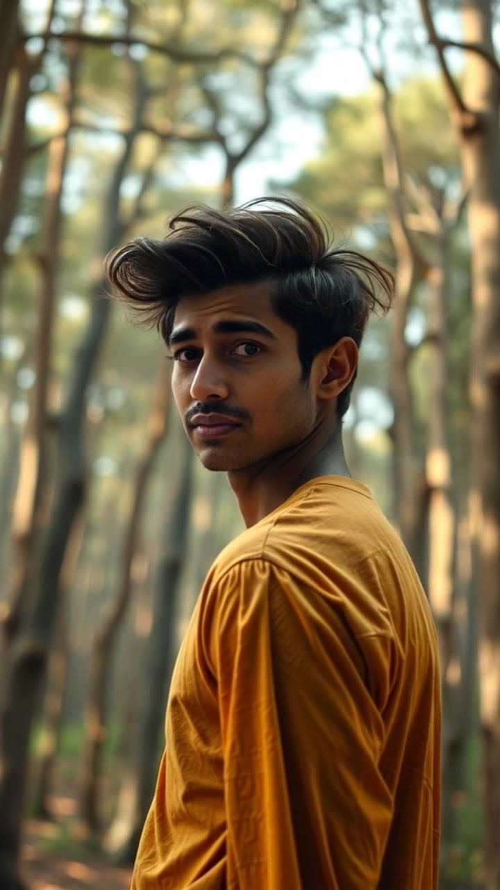 Subject: A contemplative figure standing alone in a serene forest. Subject movement: The figure shifts slightly, lost in thought, with a gentle breeze rustling the leaves around. Scene: A tranquil forest setting, sunlight filtering through the canopy, casting dappled shadows on the ground. Style: Soft, natural lighting with a warm, inviting atmosphere. Motion: The camera slowly pushes in towards the figure, capturing the intricate details of the surrounding nature, while the sound of rustling leaves enhances the peacefulness of the moment.