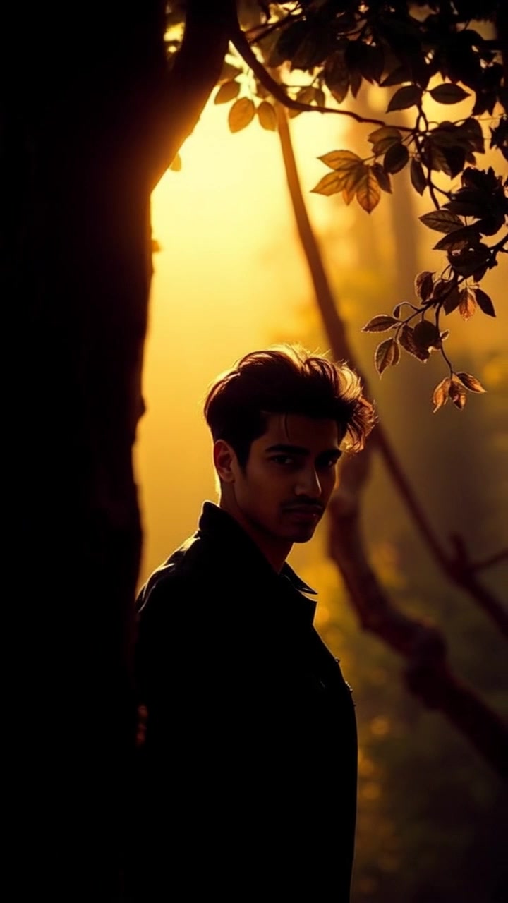 Scene: A shadowy figure lurking amidst dense trees, partially concealed by darkness. Style: Dimly lit atmosphere with eerie, muted colors creating a sense of mystery. Motion: The camera slowly pans around the figure, revealing glimpses of its form while the surrounding trees sway subtly in the breeze, enhancing the suspenseful ambiance.
