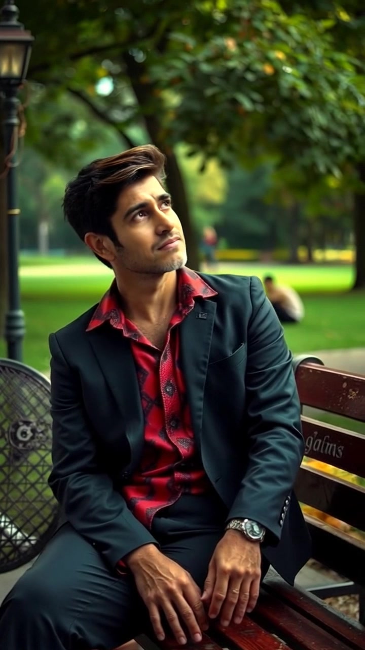 Subject: A contemplative man sitting on a park bench. Subject movement: He slowly lifts his head, shifting his gaze from the ground to the surrounding trees. Scene: A peaceful park setting with lush greenery and scattered sunlight filtering through the leaves. Lighting: Soft, dappled sunlight creating a warm and inviting atmosphere. Motion: The camera gently pans around him, capturing the tranquility of the moment and the serene beauty of the park.
