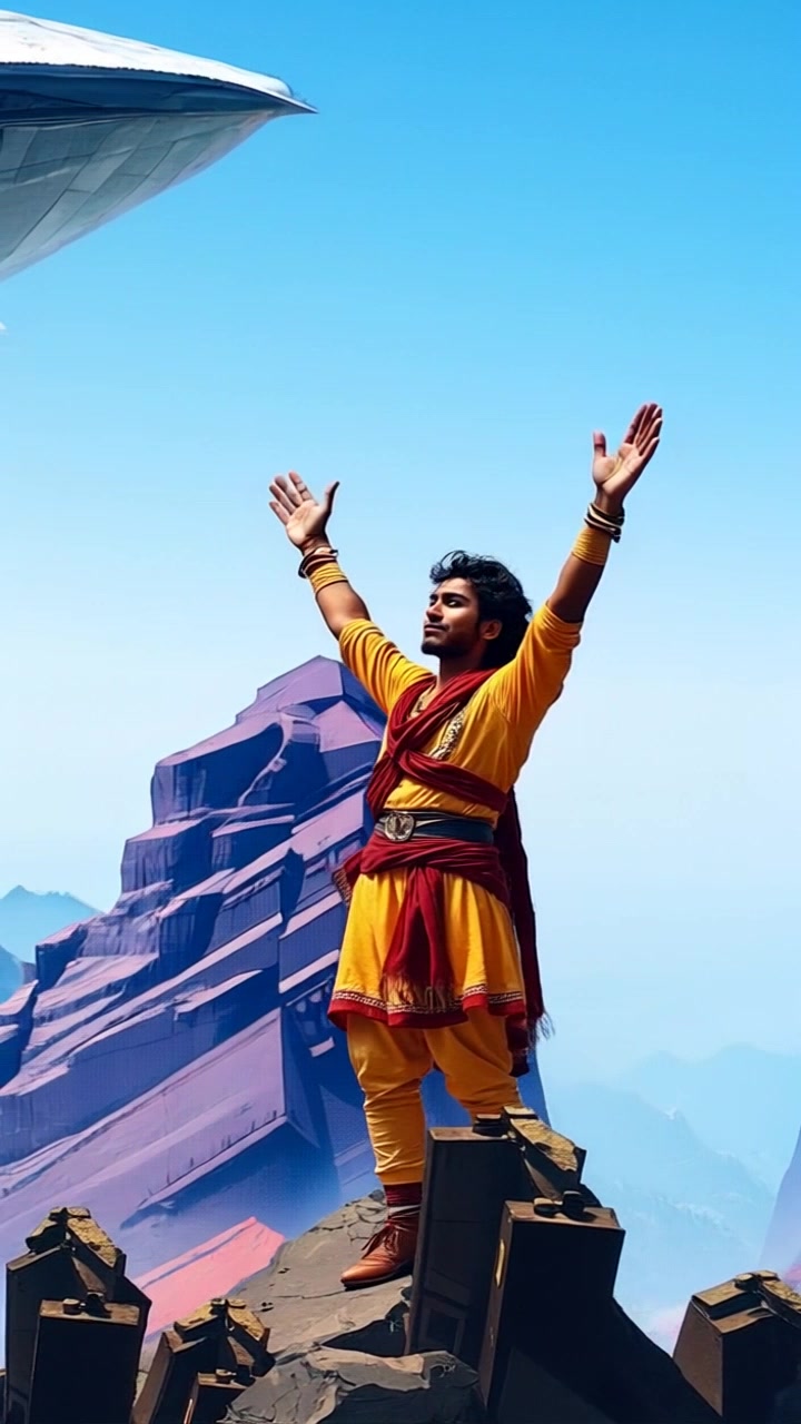 Subject: Arjun stands triumphantly at a mountain peak, arms raised in celebration of freedom. Subject movement: He spins joyously, soaking in the breathtaking surroundings. Scene: A stunning mountain landscape with vast blue skies and distant peaks. Style: Bright, clear daylight accentuating the vivid colors of nature. Motion: Camera slowly circles around him, capturing the grandeur of the peaks and valleys below as he celebrates.