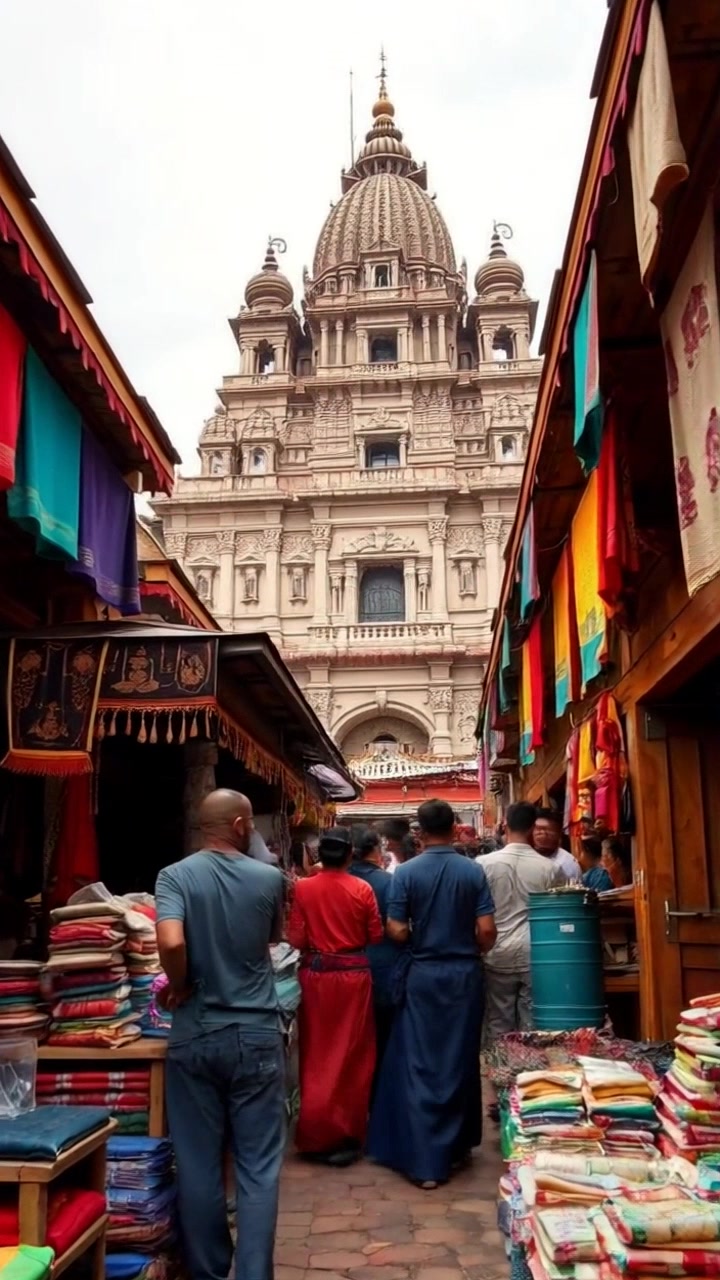 Scene: A vibrant marketplace outside the temple, filled with colorful fabrics and local crafts. Style: Bright, natural light illuminating the bustling stalls and intricate details of handcrafted items. Motion: Camera sweeps through the lively marketplace, capturing scenes of shoppers interacting and vendors showcasing their goods, with the temple standing majestically in the background.