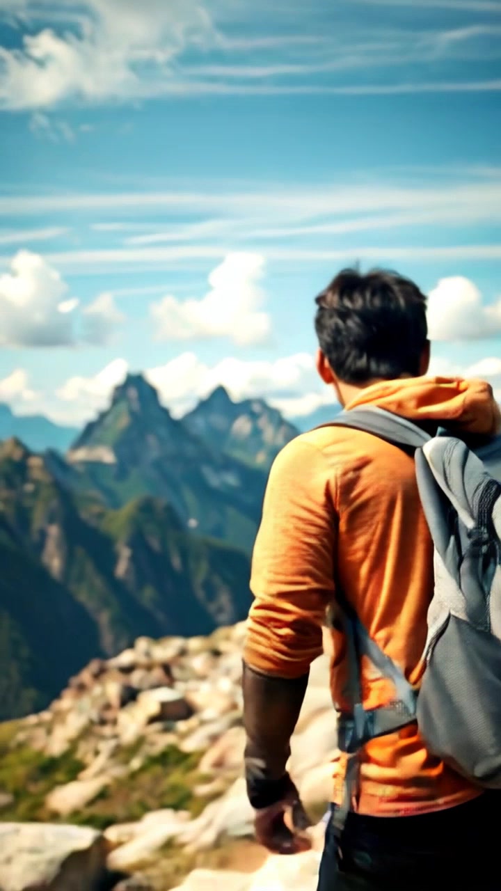 Subject: A determined hiker ascending the mountainous terrain. Subject movement: The hiker strides upward with purpose, navigating rocky paths and showcasing a sense of determination. Scene: A picturesque view of imposing mountains, with vibrant greenery against a clear blue sky. Style: Bright, natural sunlight illuminating the landscape, enhancing the beauty of the rugged peaks. Motion: Camera follows the hiker's progress, smoothly panning upward to capture the expansive view behind, showcasing the vastness of the mountain range.