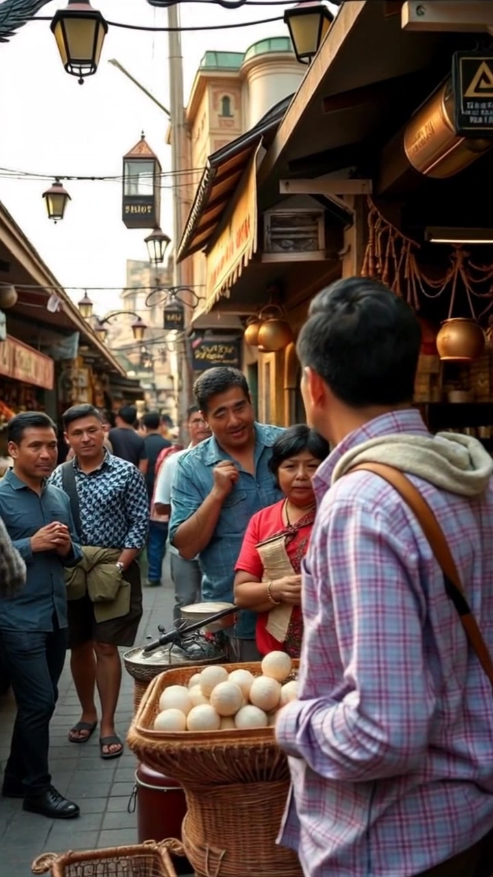 Scene: A bustling market scene filled with vibrant stalls displaying goods from various cultures, as traders interact with enthusiastic customers. Style: Bright, cheerful lighting that highlights the vivid colors of the merchandise. Motion: The camera glides smoothly through the market, weaving between stalls and capturing the lively atmosphere, while lively conversations and the sounds of the market create an engaging backdrop.