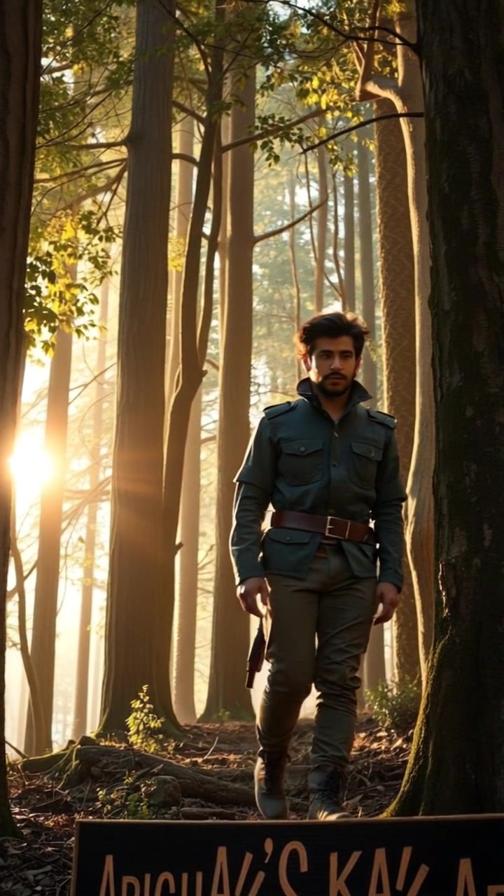 Subject: Arjun stepping into a dense forest. Subject movement: He walks slowly, taking measured steps as leaves crunch beneath his feet. Scene: A lush green forest with sunlight filtering through the trees, creating dappled patterns on the forest floor. Style: Soft, warm lighting accentuates the vibrant greens and earthy browns of the environment. Motion: The camera tracks Arjun's movement from a low angle, sweeping up to reveal the towering trees around him, enhancing the sense of immersion in the serene, natural setting.