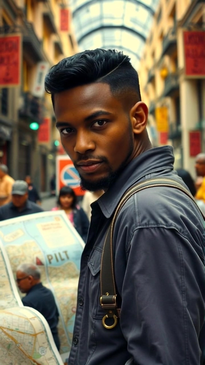 Subject: A traveler standing on a busy street in a foreign city. Subject movement: The traveler shifts their gaze from the map to the surroundings, taking in the vibrant atmosphere. Scene: Bustling urban environment filled with diverse pedestrians, colorful storefronts, and street vendors. Style: Bright daylight highlighting the vivid colors and intricate details of the cityscape. Motion: Camera gently pans from the traveler's face to the lively street, capturing the dynamic energy around them.