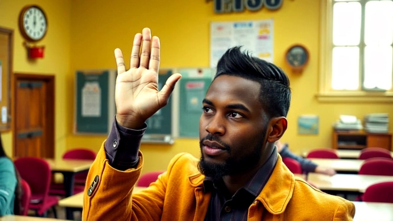 Subject: A confident student raising his hand in a classroom. Subject movement: His arm is lifted high as he prepares to answer a question, with an enthusiastic expression on his face. Scene: Classroom filled with desks and students engaged; educational posters adorn the walls. Style: Bright, natural lighting streaming through windows, creating a vibrant and inviting atmosphere. Motion: Camera pushes in gradually, focusing on the student's expression while capturing the surrounding activity in the classroom.
