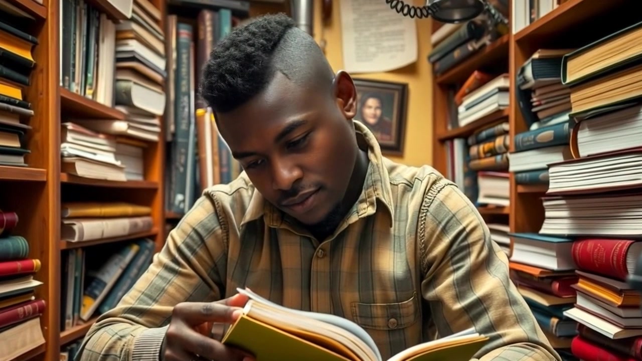 Scene: A small, cozy study room filled with stacks of books and scattered notes, creating an intimate atmosphere. Style: Warm, inviting lighting that highlights the textures of the books and paper. Motion: Camera slowly pushes in to focus on the cluttered workspace, capturing the depth of the room as the subtle rustle of pages being turned echoes softly.