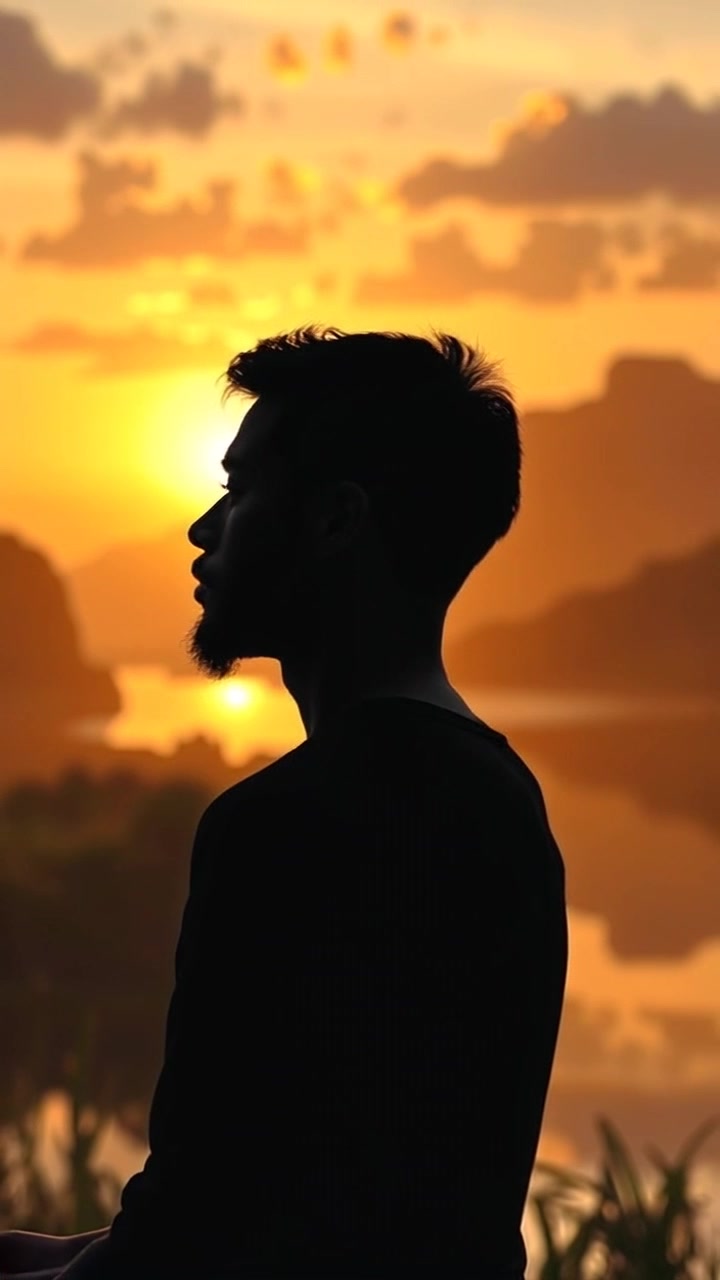 Subject: A young person seated in a meditative pose. Subject movement: The figure remains still, exuding a sense of tranquility. Scene: A serene landscape at dawn, with a calm lake reflecting the early light and soft mist rising from the surface. Style: Gentle morning light illuminating the scene with a soft glow. Motion: Camera slowly zooms in on the person, capturing the peaceful surroundings, while the reflections on the lake subtly ripple in response to the soft breeze.