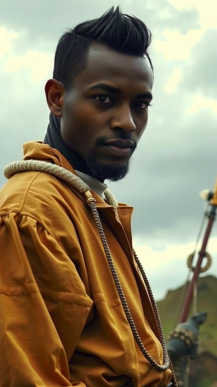 Subject: Isaiah standing resolutely on a hilltop. Scene: A breathtaking hilltop vista against a backdrop of a dramatic, cloudy sky. Style: Ambient light filtering through the clouds, creating a moody atmosphere. Motion: The camera slowly pushes in, capturing Isaiah's determined expression as the wind tousles his hair, with clouds swirling above in a captivating display of nature's power.