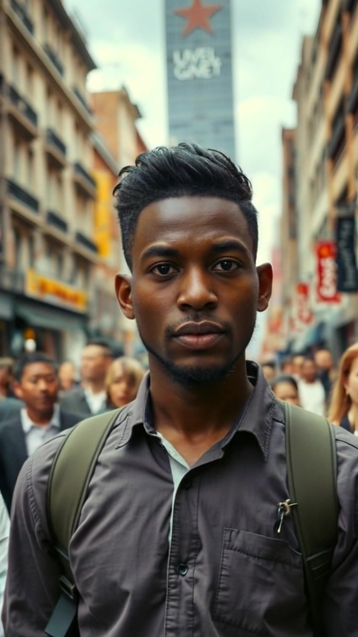 Scene: A busy city street bustling with people walking briskly, while one person stands still with a concerned expression. Style: Late afternoon ambient light casting a vibrant glow over the urban landscape, with bustling activity emphasizing the city life. Motion: The camera pans smoothly through the crowd, capturing the hurried movements of pedestrians, then zooms in on the individual standing still, emphasizing their contrasting stillness amidst the chaos.