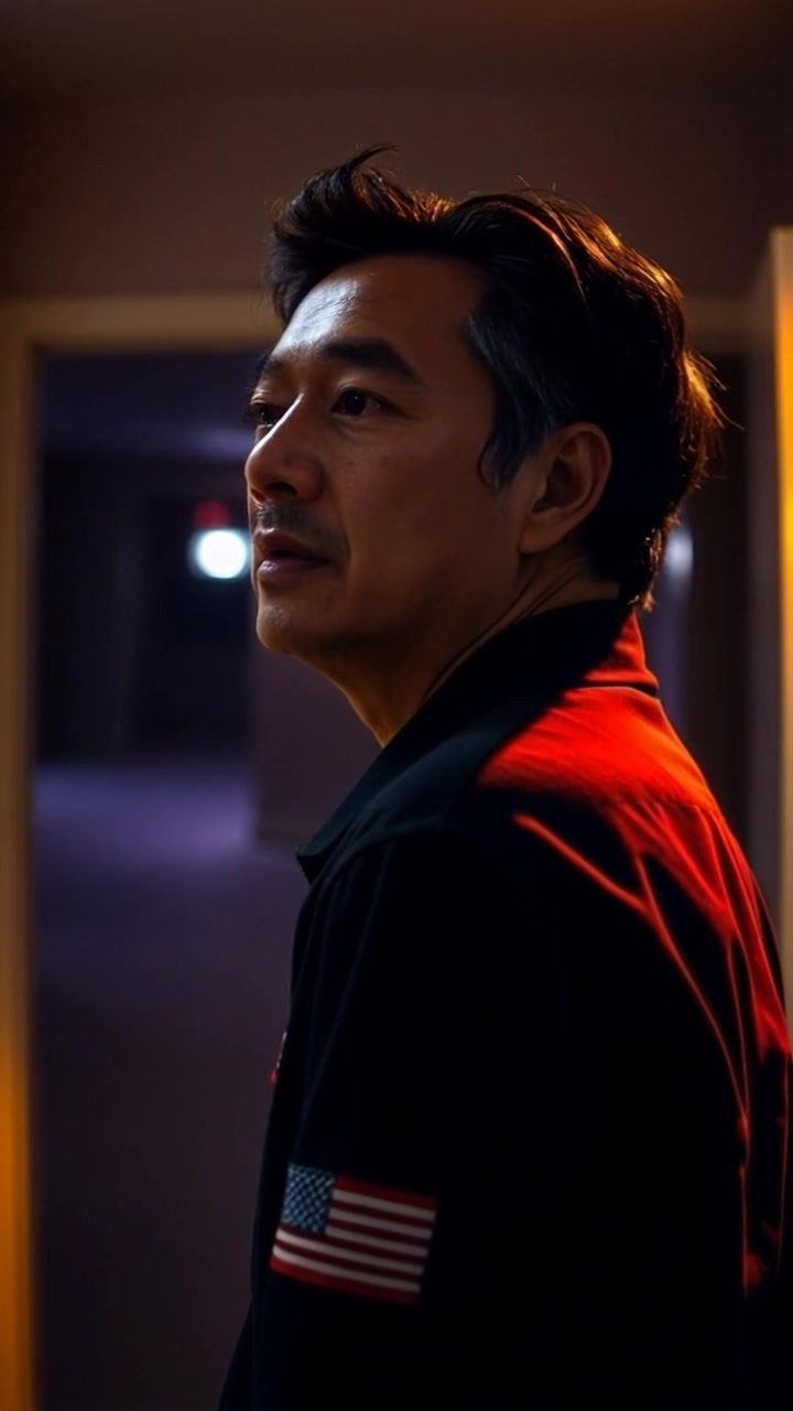 Scene: A dimly lit room with Hiro standing still, gazing towards the shadows where whispers seem to emerge, creating an atmosphere of tension and intrigue. Style: Low, moody lighting with deep shadows that heighten the sense of mystery. Motion: Camera slowly pushes in towards Hiro, capturing the subtle shifts in expression as he intently listens to the unseen whispers.