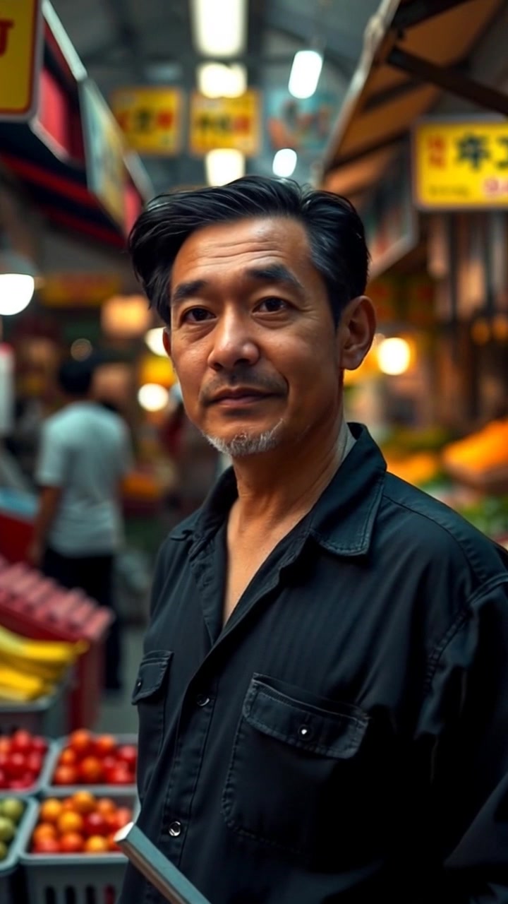 Subject: Hiro standing still in a bustling marketplace, surrounded by vibrant stalls featuring fresh fruits and vegetables. Scene: A lively marketplace filled with colorful produce, vendors energetically calling out to passersby. Lighting: Bright, midday sun illuminating the scene with cheerful, inviting tones. Motion: Camera does a slow zoom in on Hiro, capturing the surrounding activity and colors, with a slight sway to emulate the bustle of the market.