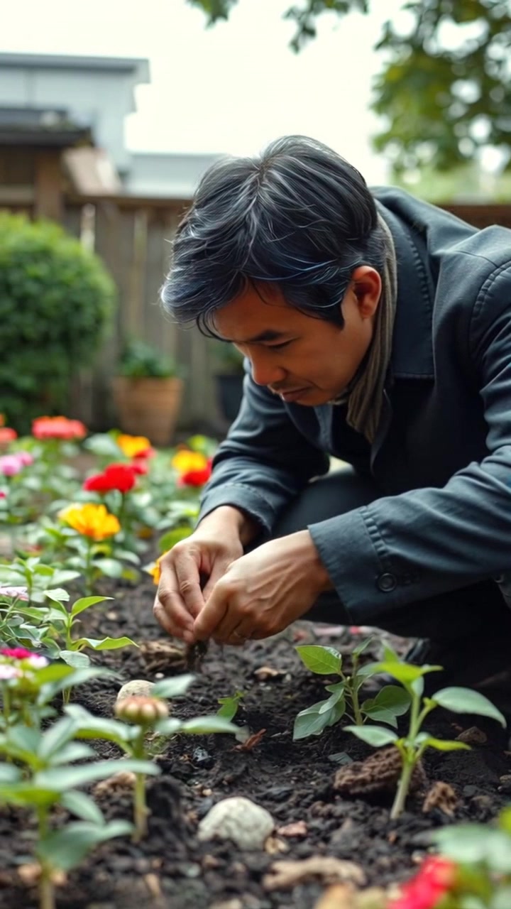 Subject: Hiro kneeling in the garden, planting seeds with care. Subject movement: He gently scatters the seeds into prepared soil, demonstrating his commitment to nurturing growth. Scene: A tranquil garden filled with blooming flowers and lush greenery, framed by soft sunlight filtering through the leaves. Lighting: Warm, soft morning light casting gentle shadows. Motion: The camera moves in slowly and smoothly, capturing the intimacy of Hiro's actions while also pulling back to reveal the beauty of the surrounding garden.