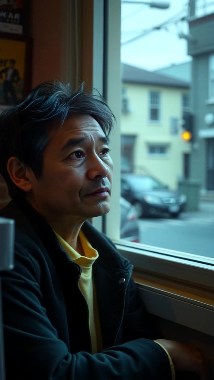 Subject: A person sitting quietly by a window, eyes glistening with tears. Scene: An intimate, softly lit room with the glow of early morning light filtering through the sheer curtains. Motion: Camera slowly pushes in from the exterior of the window, capturing the emotional depth of the subject's gaze as the world outside remains blurred and distant, creating a poignant atmosphere.