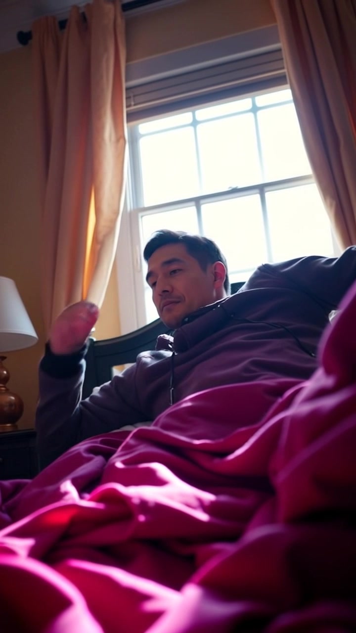 Scene: A man waking up in a bright, airy bedroom, with sunlight streaming through the window, casting soft shadows on the walls. Style: Morning light illuminating the room, creating a warm and inviting atmosphere. Motion: Camera gently pushes in from the doorway, capturing the serene expression on the man's face as he slowly sits up and stretches, enjoying the first moments of the day.