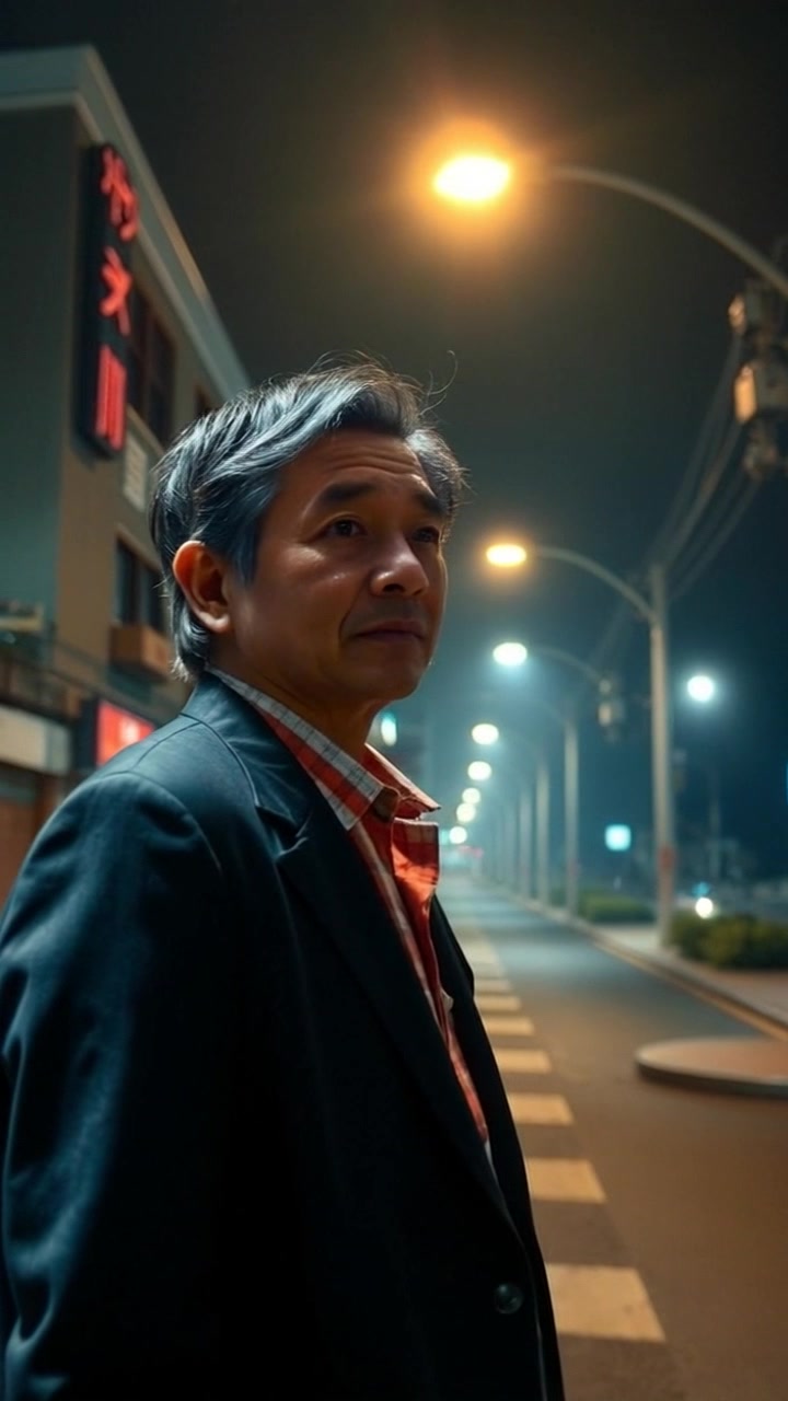 Subject: A figure standing still in the night. Scene: Hiro stands on a quiet street, illuminated by soft streetlight glow, reflecting on his thoughts. Style: Ambient street lighting casts a cool, calm atmosphere. Motion: The camera gently pushes in towards Hiro, capturing the subtle flicker of lights and the serene surroundings as he ponders his next move.