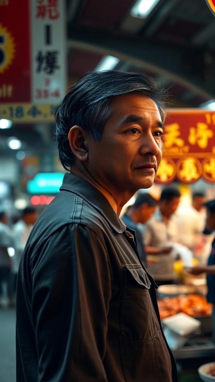 Subject: A thoughtful individual standing still in a bustling market. Scene: Vibrant market scene filled with colorful stalls and diverse crowds, capturing the lively atmosphere. Lighting: Bright, natural daylight illuminating the surroundings, highlighting the textures and colors of the market. Motion: Camera performs a slow, close-up push in towards the subject, capturing the intricate details of their expression and the vibrant activity in the background.