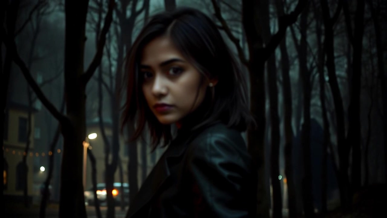 Scene: A dense, shadowy forest with tall trees, where a faint, ominous silhouette lurks behind a figure named Sara. Style: Dappled light filtering through leaves creates a mysterious atmosphere, heightening tension. Motion: The camera slowly pans in a dramatic fashion, revealing the lurking shadow's movement as it shifts subtly among the trees, creating a sense of impending danger.