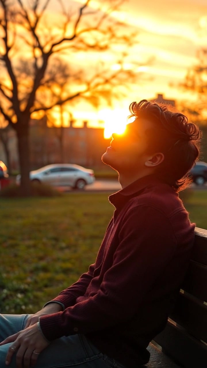 Subject: Mateo sitting on a park bench. Subject movement: Mateo takes a deep breath, his gaze fixed on the sunset. Scene: A tranquil park with vibrant hues of sunset reflecting off the clouds, surrounding trees gently swaying in the breeze. Style: Warm, golden-hour lighting enveloping the scene, creating a serene atmosphere. Motion: The camera slowly pushes in on Mateo, capturing his thoughtful expression as the backdrop of the sunset gradually deepens in color.