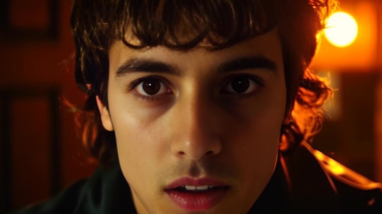 Scene: A close-up of a person's face, eyes wide with fear and apprehension, surrounded by darkness, evoking a sense of tension and unease. Style: Dramatic low-light with stark contrasts, emphasizing the intensity of the expression. Motion: The camera slowly pushes in towards the face, heightening the feeling of confinement as the surrounding darkness deepens, creating an immersive atmosphere.