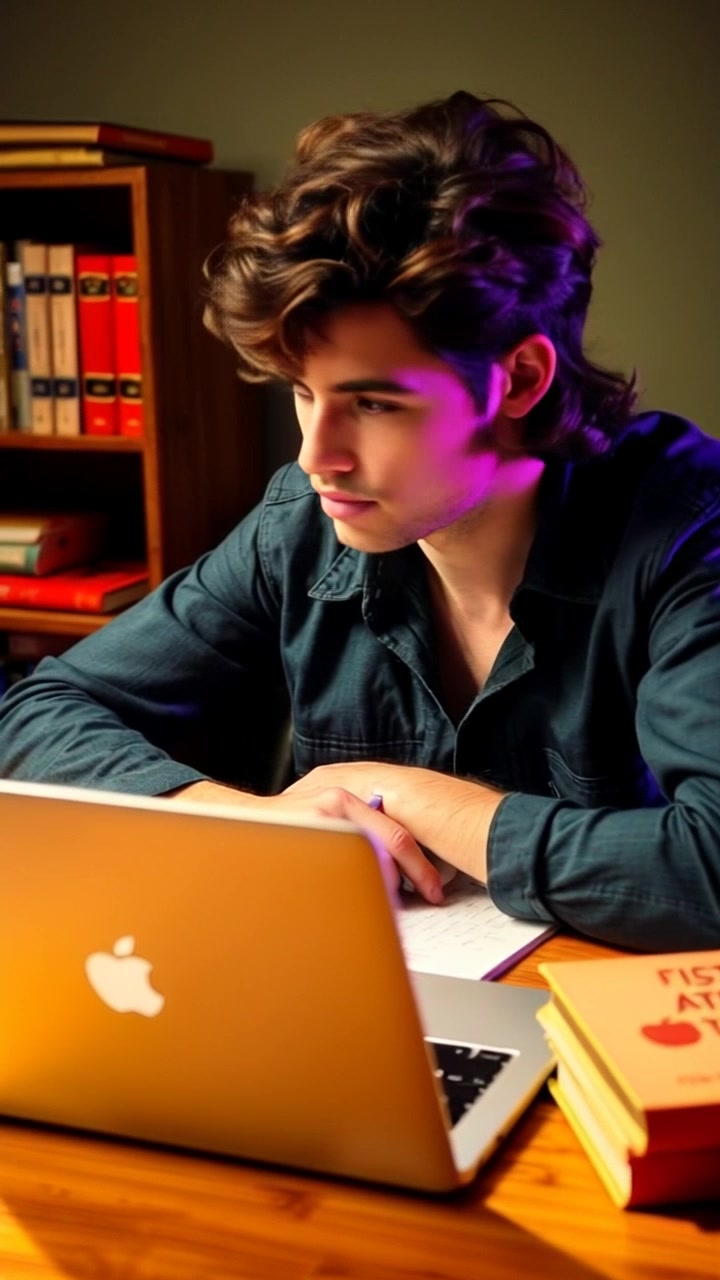Subject: Mateo sits contemplatively at a wooden desk, surrounded by books and a laptop. Subject movement: He glances thoughtfully at the screen, then looks down at a book, occasionally jotting notes. Scene: A cozy study space filled with various books and a laptop, the warm tones of wood contrasting with the scattered papers. Lighting: Soft, ambient light filtering through a nearby window, creating a serene atmosphere. Motion: Camera gently pushes in on Mateo's focused expression, then pans to reveal the clutter of his workspace, emphasizing the depth of his contemplation.