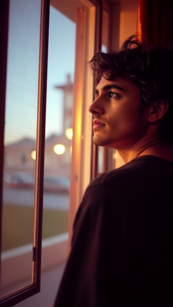Subject: Mateo standing near a window, looking out with a contemplative expression. Subject movement: Mateo's gaze shifts subtly as he reflects on his thoughts. Scene: A softly lit room, with sunlight streaming in through the window, casting gentle shadows on the floor. Motion: Camera begins with a close-up on Mateo's face, then slowly pushes out to reveal the serene surroundings while maintaining the warm, inviting ambiance.