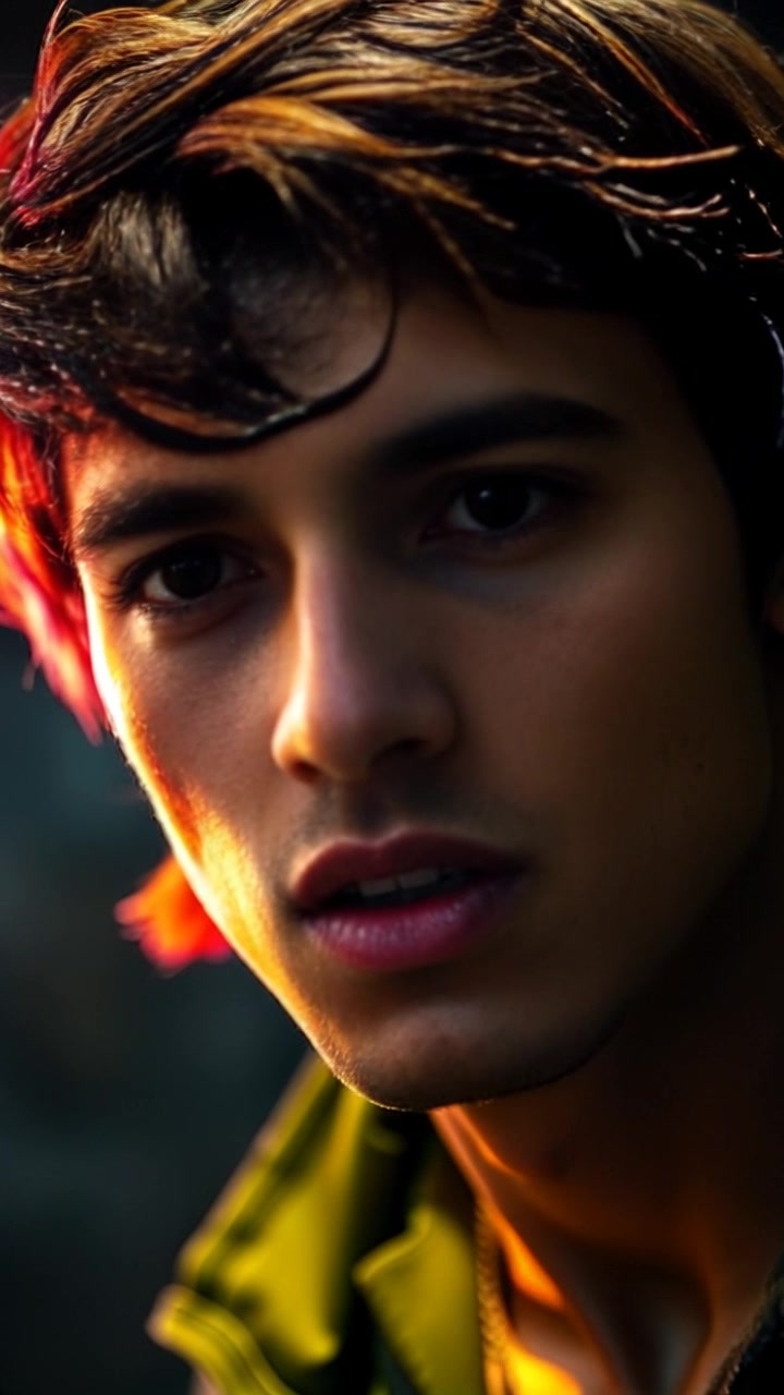 Subject: A young man with an expression of fear and determination. Subject movement: He suddenly turns his head, scanning the environment with urgency. Scene: Dark, atmospheric surroundings emphasizing tension, with dramatic lighting casting intense shadows across his face. Motion: Close-up shot of his face as the camera slowly pushes in, accentuating the emotions while softening the background into a blurry bokeh. The lighting flickers, creating a sense of urgency and heightened emotion.