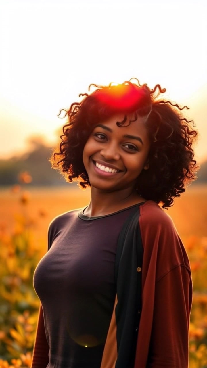 Subject: A thoughtful person standing in a sunny field, smiling softly to themselves. Subject movement: The person gently shifts their weight from one foot to another, basking in the warmth of the sun. Scene: A lush, green field filled with wildflowers under a clear blue sky. Style: Bright, cheerful daylight illuminating the scene, enhancing the colors of the flowers and grass. Motion: The camera slowly pushes in towards the person, capturing the serene expression on their face as they reflect in this peaceful environment.