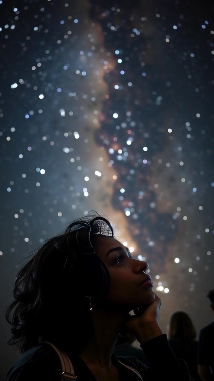 Subject: A thoughtful person gazing at the night sky filled with stars. Subject movement: They shift slightly, as if pondering the vastness above. Scene: A serene landscape under a star-lit sky, surrounded by gentle hills. Style: Ambient moonlight illuminating the scene, creating a peaceful and contemplative atmosphere. Motion: The camera slowly pushes in on the person's profile, capturing their expression of wonder while the sky twinkles and shimmers with stars.