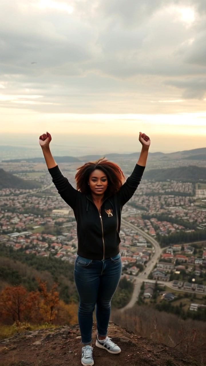 Subject: A person standing proudly on a hilltop. Subject movement: The person raises their arms in triumph as the camera pulls back, revealing a sprawling, thriving valley below. Scene: Stunning hilltop vista overlooking a vibrant valley dotted with lush greenery and flowing water. Style: Vibrant morning light illuminating the scene, creating a sense of freshness and possibility. Motion: The camera smoothly glides backward, capturing the grandeur of the landscape while maintaining focus on the person's triumphant pose.