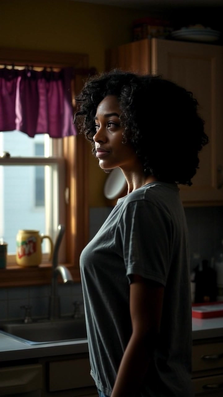 Subject: Nia, standing alone in the kitchen. Subject movement: She shifts her weight slightly from one foot to the other, gazing forlornly out the window. Scene: A cozy kitchen filled with warm, inviting tones, sunlight filtering softly through the window. Motion: The camera performs a slow push in, capturing Nia's expression while the background blurs, emphasizing her solitude. Lighting: Soft morning light enhances the kitchen's warmth, creating a reflective atmosphere.