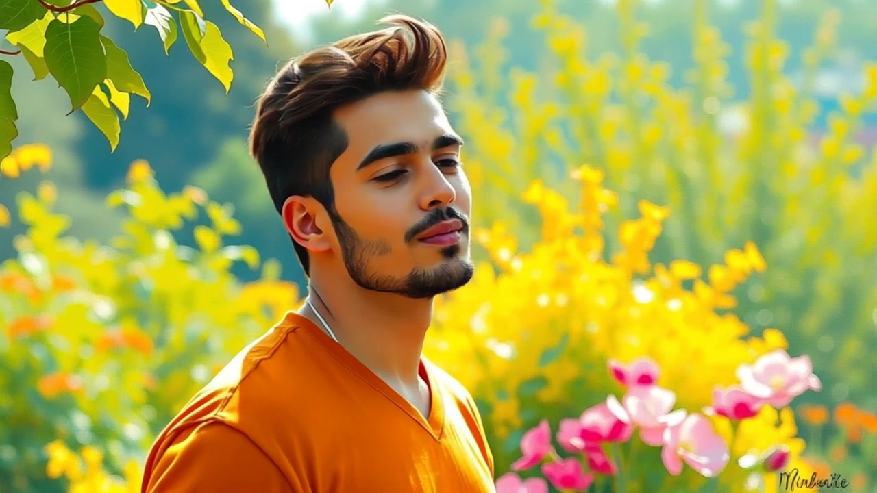Subject: Amir standing in the garden. Subject movement: Amir takes a deep breath, gently swaying slowly as he enjoys the peaceful surroundings. Scene: A tranquil garden filled with vibrant flowers and lush greenery, bathed in soft sunlight. Style: Gentle, morning light filtering through the leaves, creating dappled shadows on the ground. Motion: The camera smoothly pans around Amir, capturing his serene expression while incorporating the beauty of the garden in the foreground and background.