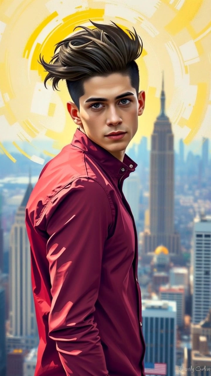 Subject: A person standing confidently on a skyscraper rooftop. Scene: The individual overlooks a bustling city skyline filled with towering buildings and vibrant activity below. Style: Late afternoon light casts warm hues over the scene, creating a golden atmosphere. Motion: Camera slowly pushes in from a wide angle, capturing the dynamic city beneath, while the person gazes out into the distance, with the wind softly playing through their hair.