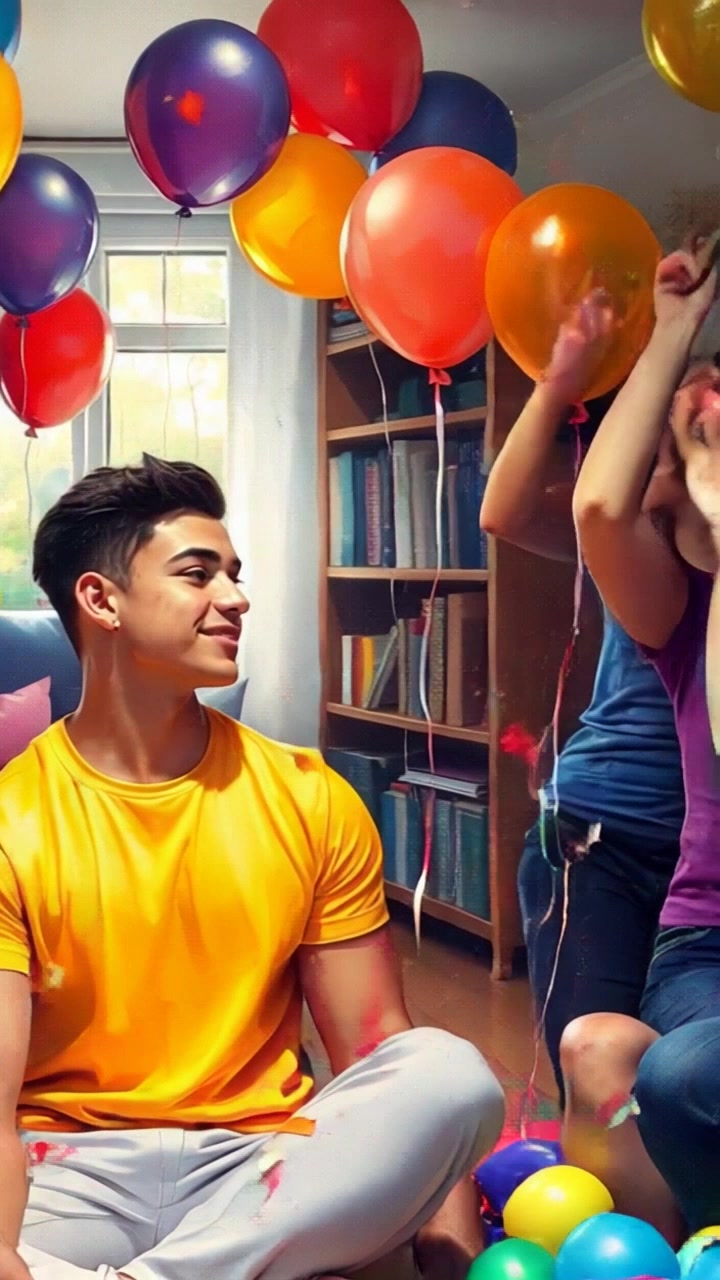 Scene: A festive living room filled with friends celebrating, colorful confetti dancing in the air, and vibrant balloons adorning the space. Style: Bright, cheerful lighting creating an inviting atmosphere filled with joy and excitement. Motion: Camera sweeps through the room, capturing the lively interactions among friends while confetti showers down, maintaining a dynamic and immersive view of the celebration.