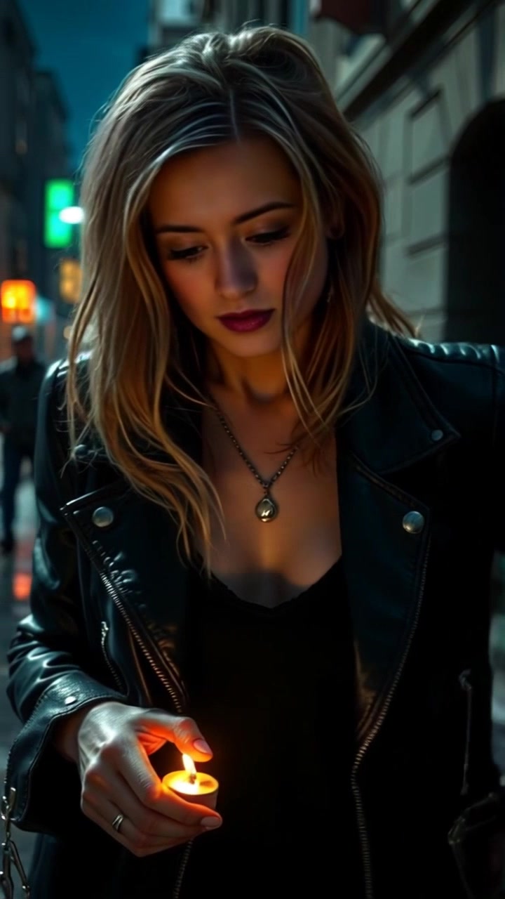 Subject: A woman in panic, searching her pockets for a lighter. Subject movement: She frantically rummages through her pockets, her movements erratic as shadows flicker around her. Scene: A dimly lit alley, the atmosphere charged with urgency and tension. Style: Low-light with dramatic shadows enhancing the feeling of desperation. Motion: The camera captures her from a close-up perspective, circling around her as she moves, emphasizing the restriction of light and the urgency in her search.