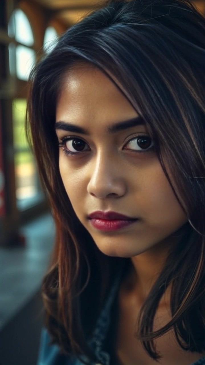 Subject: A girl with a close-up expression, her features a mix of uncertainty and resolve. Scene: The girl's face framed against a blurred, softly lit background, suggesting a moment of introspection. Motion: The camera slowly pushes in, capturing subtle shifts in her expression as light dances across her features, creating a warm, inviting atmosphere.
