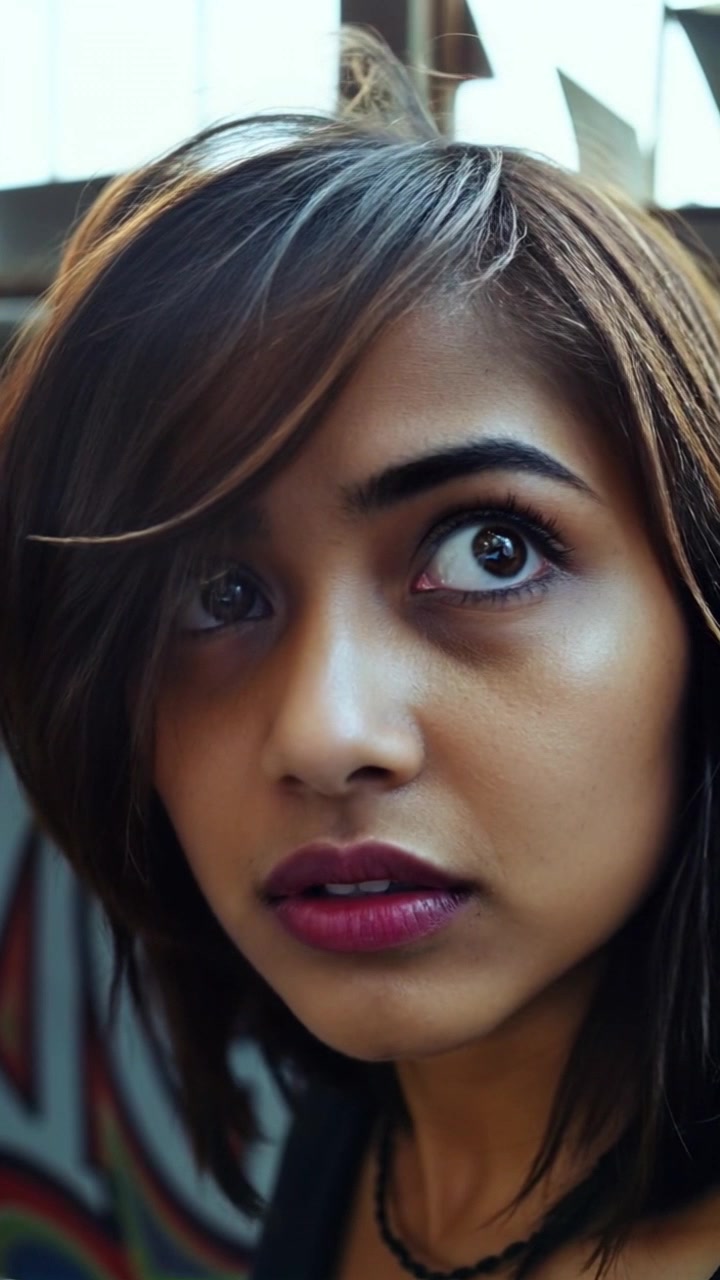 Subject: A young woman named Priya, her face reflecting a blend of fear and excitement. Subject movement: Priya's eyes widen and dart around as she processes her surroundings, a subtle shift in her expression enhancing the tension. Scene: A dynamic urban environment surrounding her, the distant sounds of the city creating a heartbeat of energy. Style: High-contrast lighting highlighting her features against a blurred backdrop, emphasizing the mix of emotions. Motion: The camera slowly zooms in on her face, capturing the intensity of her gaze, gradually pulling back to reveal the bustling city atmosphere.