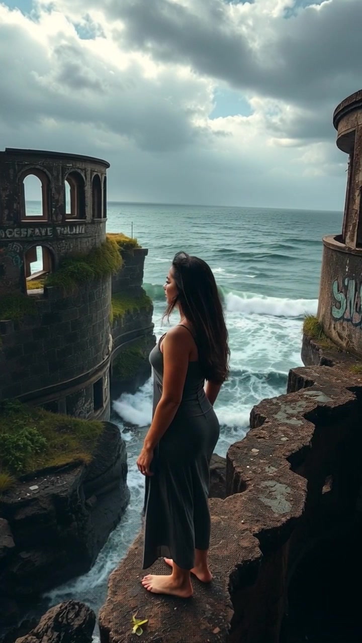 Subject: A figure standing at the edge of a cliff. Subject movement: The figure gazes intently into the stormy ocean, slightly swaying with the wind. Scene: A dramatic coastal cliff overlooking a tumultuous sea, dark clouds swirling ominously in the sky. Style: Moody, overcast lighting enhances the sense of impending storm. Motion: Camera slowly pushes in toward the figure, capturing the intensity of the moment and the crashing waves below.