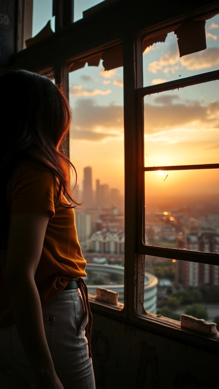 Scene: A serene sunset view over a city skyline, bathed in warm hues of orange and pink, with silhouettes of tall buildings framing the horizon. Style: Soft, ambient lighting that enhances the tranquil atmosphere of the sunset. Motion: The camera slowly pans across the skyline, capturing the vibrant colors of the sunset reflecting on the glass surfaces of the skyscrapers, evoking a sense of hope and promise.