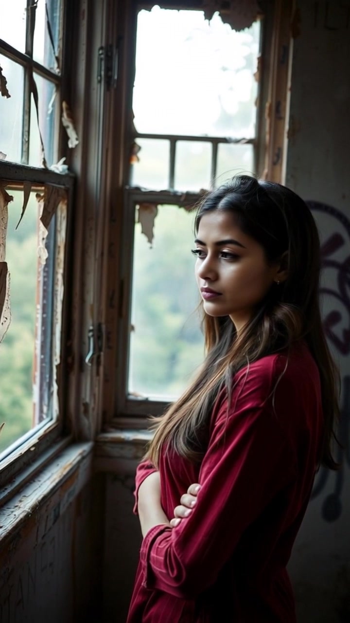 Subject: A young woman sitting by the window, looking thoughtful. Subject movement: She gazes contemplatively outside, a soft breeze gently moving her hair. Scene: A cozy bedroom filled with warm light and personal touches, sunlight streaming through the window illuminating the room. Style: Soft, ambient lighting with hints of golden hour warmth creating an inviting atmosphere. Motion: The camera slowly pushes in from a wide-angle shot, capturing the tranquility of the scene before gently focusing on her serene expression.
