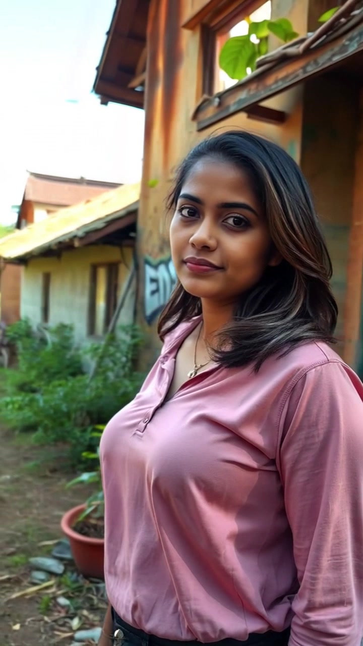 Subject: A young woman standing confidently in front of a modest house in a quaint village. Subject movement: She shifts her weight slightly from one foot to the other, gazing into the distance. Scene: A charming village setting with green fields and simple houses under a clear blue sky. Style: Bright, natural lighting illuminating the scene, casting soft shadows. Motion: Camera slowly zooms in on the young woman, capturing the warmth and simplicity of village life.