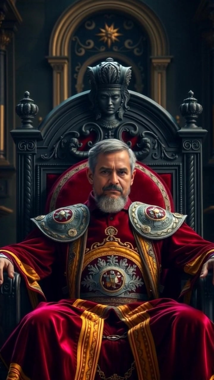 Subject: Raj sitting on a grand throne, wearing royal attire, lost in thought. Subject movement: He shifts slightly, adjusting his posture as he contemplates. Scene: A majestic throne room adorned with opulent decor, displaying rich colors and details in the architecture. Style: Ambient candlelight enhances the regal atmosphere, casting soft shadows and highlighting intricate designs. Motion: The camera slowly pushes in towards Raj, focusing on his expression while capturing the grandeur of the throne room around him.