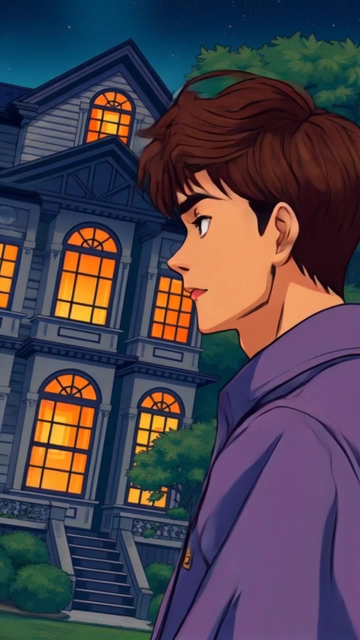 Subject: A young man standing outside a mansion at night, looking contemplative and curious. Subject movement: He shifts his gaze toward the grand entrance, taking a step closer while the wind gently ruffles his hair. Scene: The exterior of an ornate mansion with dark, shadowy details illuminated by soft moonlight. Style: Mysterious, ambient lighting with a bluish tint, casting elongated shadows around the structure. Motion: The camera performs a slow, dramatic push-in toward the young man, accentuating the silence of the night and the grandeur of the mansion behind him.