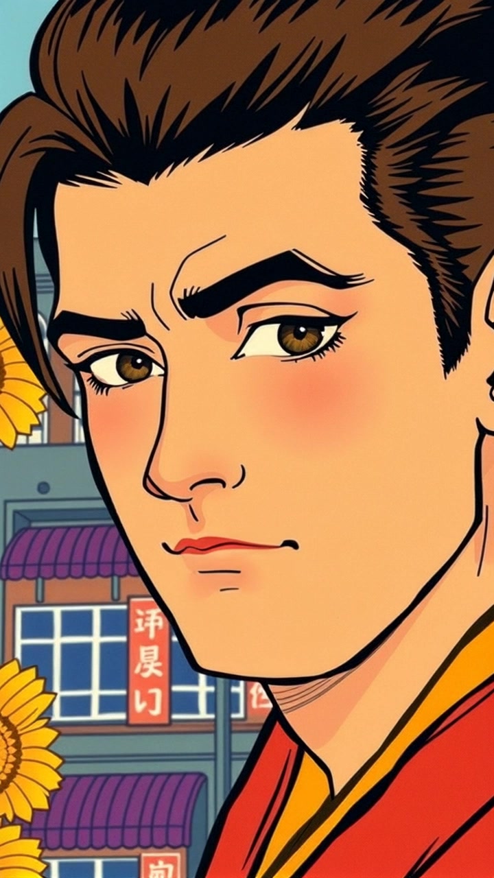 Scene: A close-up of a determined face in a bustling urban environment, features sharp and expressive against the background of city life. Style: Ambient lighting with bright highlights reflecting off nearby buildings, conveying a sense of urgency and focus. Motion: The camera slowly pulls back, revealing more of the urban setting while maintaining the subject in sharp detail, creating a dynamic contrast between the individual and the city.