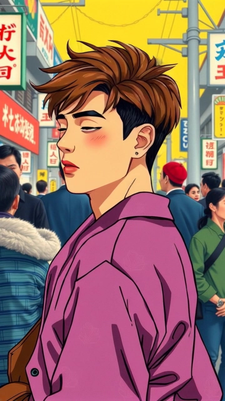 Subject: A young man standing in a bustling city street, observing the crowd with inspiration. Subject movement: He shifts his gaze from side to side, taking in the vibrant atmosphere. Scene: A busy urban street filled with diverse people and colorful storefronts, creating an energetic environment. Style: Bright, midday lighting accentuating the lively setting, with shadows dancing on the pavement. Motion: The camera slowly pushes in on the young man's face, capturing his expressions, then pans out to reveal the vibrant street life surrounding him.
