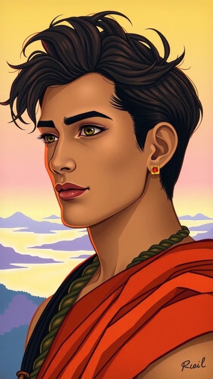 Subject: A contemplative individual gazing at the horizon with determination. Subject movement: Slowly turning his head to take in the expansive view. Scene: A vast landscape at sunset, with rolling hills and a vibrant sky. Style: Warm sunset lighting casting golden hues across the terrain, enhancing the mood of reflection. Motion: Camera smoothly pushes in on the individual’s profile, capturing the intensity of his gaze while the horizon stretches out before him.