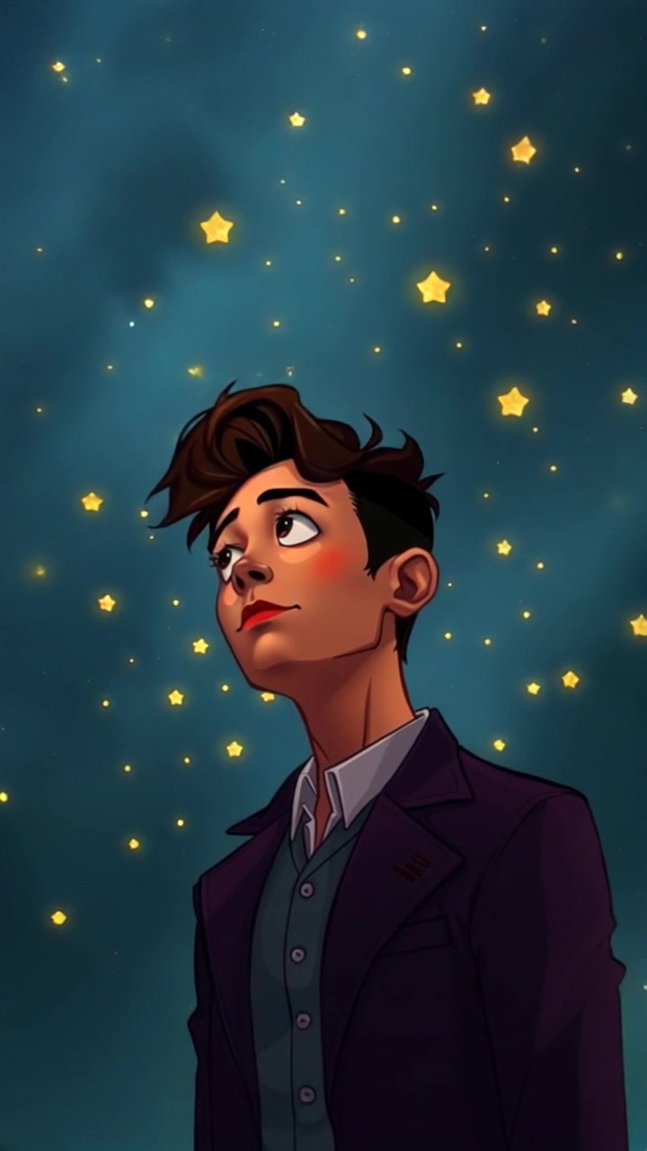Subject: Rofikya gazing up at the night sky. Scene: A serene night scene filled with twinkling stars, surrounded by a quiet landscape under the vast cosmos. Style: Soft ambient lighting creates a tranquil atmosphere, highlighting the contrast between the dark sky and bright stars. Motion: The camera smoothly pans upward, following Rofikya's gaze as it sweeps across the constellations, immersing the viewer in the beauty of the night.