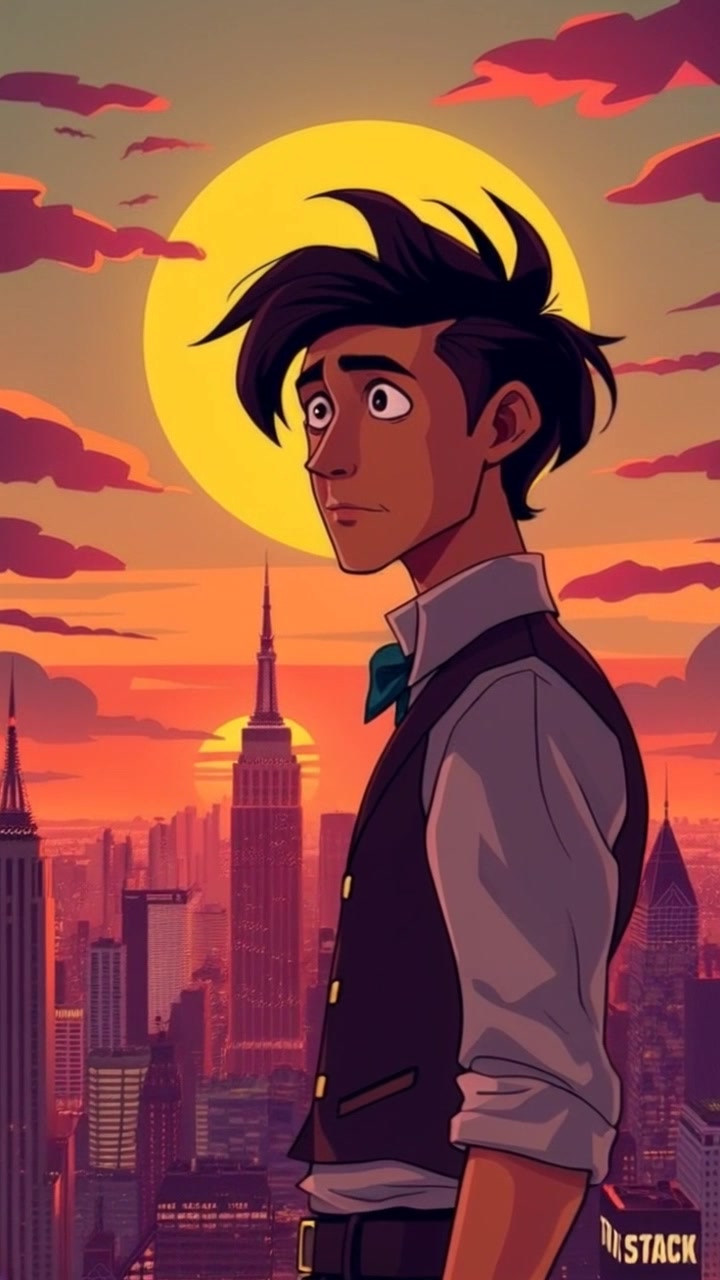 Subject: A contemplative figure standing at the edge of a bustling city skyline. Scene: The character gazes out over the vibrant cityscape bathed in the warm hues of sunset, with silhouettes of skyscrapers rising against the colorful sky. Motion: The camera gently pushes in, capturing the thoughtful expression as the city buzzes with life below, casting golden reflections on glass buildings, evoking a sense of hope and ambition.