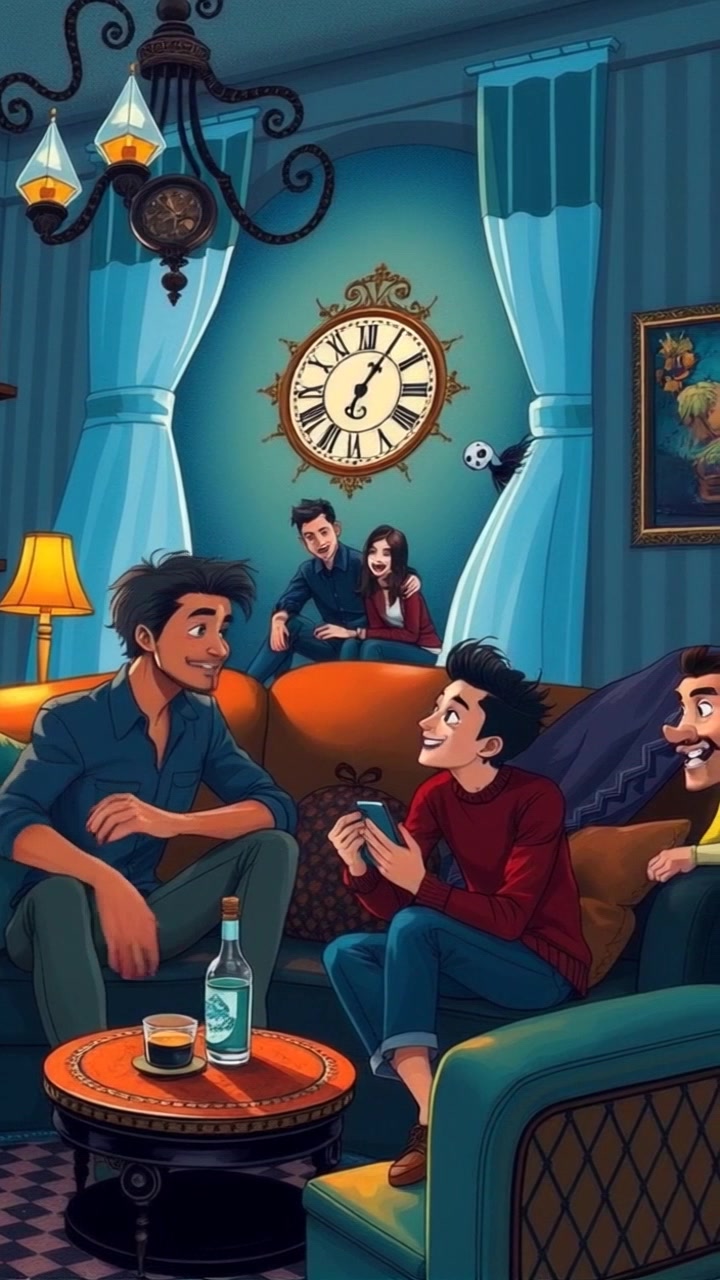 Subject: A group of friends engaging in lively conversation. Scene: A cozy living room filled with warm colors and soft furnishings, where laughter fills the air as they share stories. Lighting: Inviting ambient light that enhances the warmth of the space. Motion: The camera gently pans around the group, capturing their animated expressions and interactions as they lean in closer to one another, the laughter creating a joyful atmosphere.