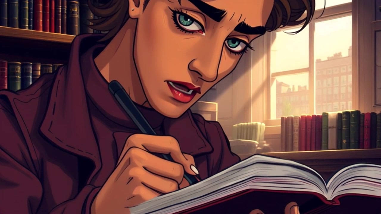 Subject: A focused young man writing fervently in a notebook. Subject movement: His hand moves swiftly across the page, jotting down thoughts as he locks in on his ideas. Scene: Close-up in a cozy study filled with books and warm light filtering through a nearby window. Style: Soft, inviting morning light creates a serene atmosphere, framing the determined expression on his face. Motion: A gentle push-in camera movement captures the intensity of his concentration, subtly shifting angles to reveal the notebook and his scribbled notes.